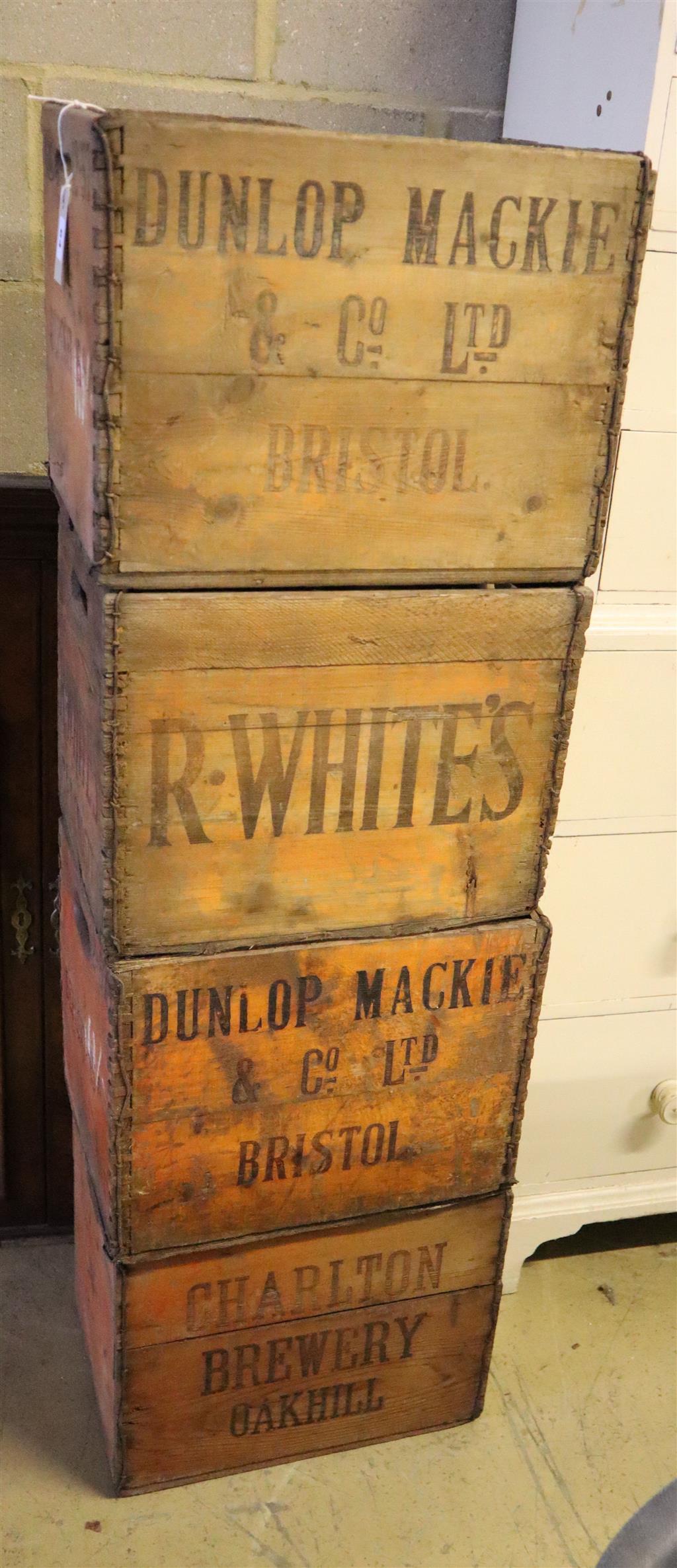 Four vintage wooden wine bottle crates, width 41cm, depth 31cm, height 33cm